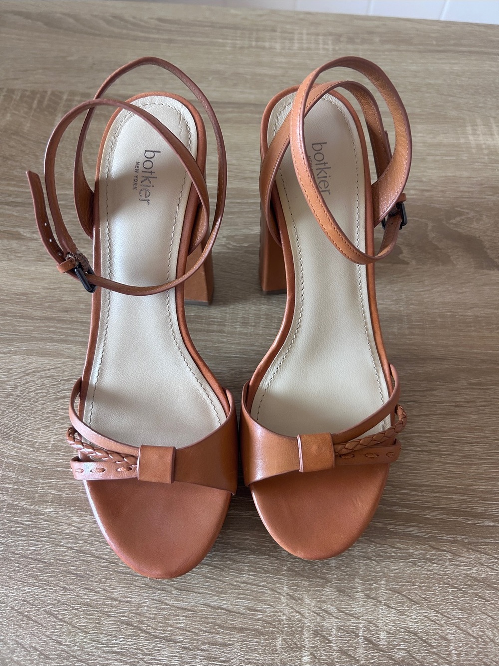 Botkier Cognac Leather Ankle-Strap Block Heel Sandals